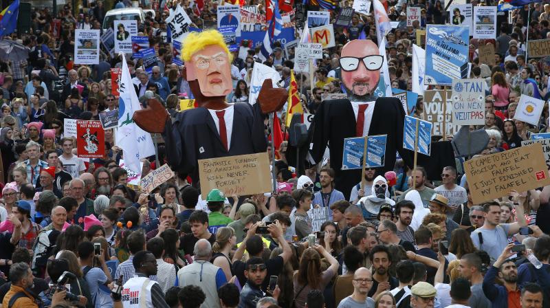 Thousands protest US President Donald Trumps visit to Belgium