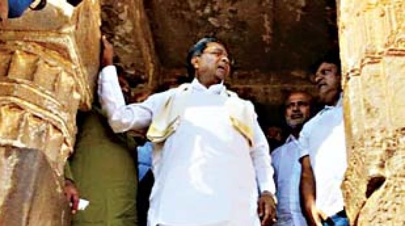 Former chief minister  Siddaramaiah at Badami Caves in Bagalkote district on Saturday (Photo: KPN)