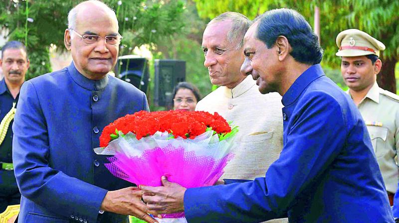 President Ram Nath Kovind being greeted by Governor E.S.L. Narsimhan and Chief Minister during his stay at Rashtrapati Nilayam in Secunderabad on Tuesday. The President on Tuesday hosted At Home reception. (Photo: PTI)