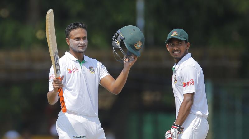 Shakib Al Hasan made 116 and received strong support from Mosaddek (75) and skipper Mushfiqur Rahim, who scored 52 as Bangladesh put in one of their most impressive batting performances in their 100th Test match. (Photo: AP)