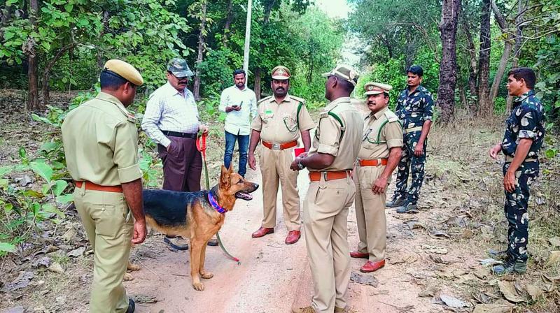 Forest officials of Jannaram division with the dog squad in the forest fringes.