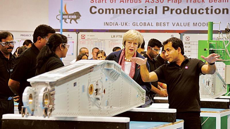 Theresa May at Dynamatic Technologies Bengaluru facility on Tuesday (Photo: DC)