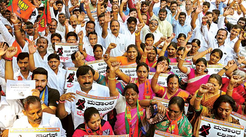 The BJP organised a protest against Tipu Jayanti at Anandrao Circle in Bengaluru on Tuesday which was led by party state president B.S. Yeddyurappa and senior leaders.