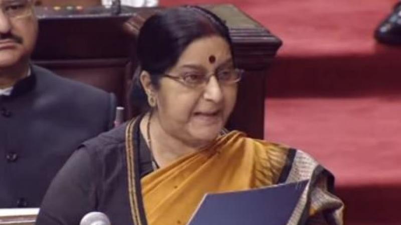 Addressing the Rajya Sabha, Sushma Swaraj said, The family wished to meet Jadhav and we arranged for it. Even Pakistan agreed for it this month. This could have been a step forward for both countries, but that wasnt to be. (Photo: Screengrab)