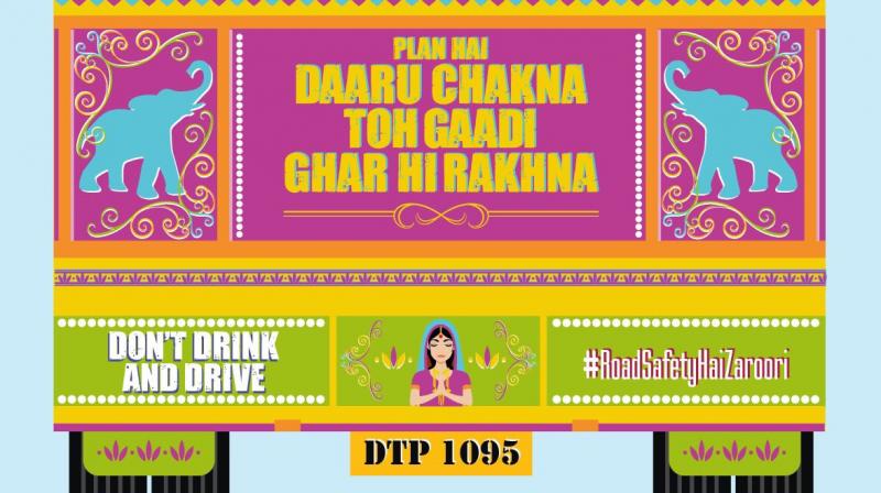 Each of the images posted on Twitter carries the helpline number for Delhi Traffic Police: 1095; the use of bright colours and Desi art form catches the attention of readers instantly. (Photo: Twitter | @DelhiPolice)