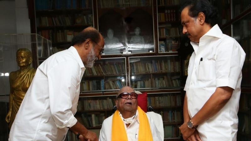 Rajinikanth met DMK chief M Karunanidhi at his residence in Chennai; DMK Working President MK Stalin was also present. (Photo: ANI | Twitter)