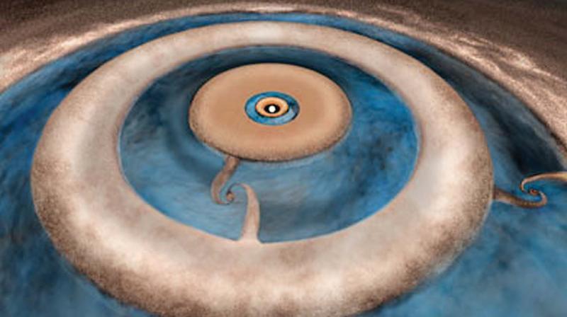 Artist impression of the protoplanetary disk surrounding the young star HD 163296. By studying the dust (ruddy brown) and carbon monoxide gas (light blue) profiles of the disk, astronomers discovered tantalizing evidence that two planets are forming in the outer two dust gaps in the disk.