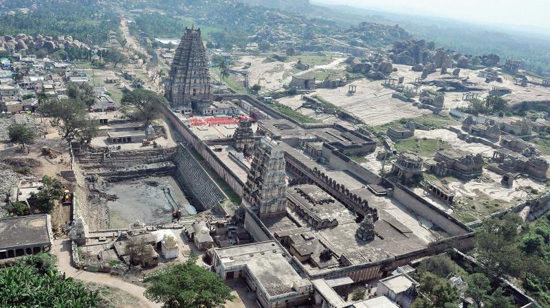 An aerial view of temples at Hampi