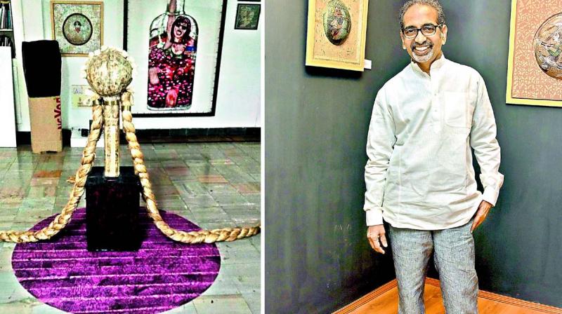 Artist A. Rajeshawar Raos work reflects a social message and is about Beti Bachao. His mixed media work in jute, paper and pulp depicts long plaited  hairdo which is rare to find nowadays.