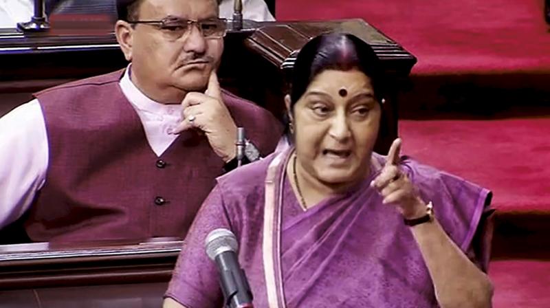 External Affairs Minister Sushma Swaraj speaks in the Rajya Sabha during the second phase of budget session, at the Parliament House in New Delhi on Tuesday. Swaraj says that the 39 bodies exhumed from a mount in Badoosh in Iraq has been identified as those of Indians and will be brought back to India on a special plane. (Photo: PTI)