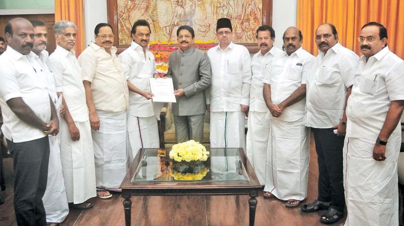 TNLA Opposition Leader M.K.Stalin along with alliance party leaders met and gave a memorandum to form assembly committees to TN Governor in charge Ch. Vidyasagar Rao at Raj Bhavan on Friday. (Photo: DC)