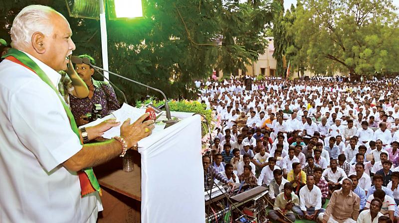 State BJP president B.S. Yeddyurappa speaks at partys Chintana Samavesha in Kalaburagi on Tuesday. (Photo: KPN)
