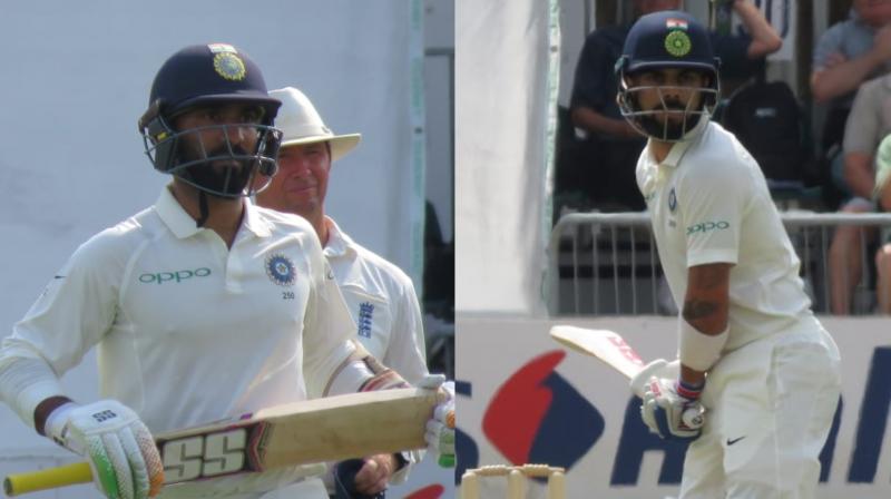 Wicketkeeper-batsman Dinesh Karthik scored an aggressive 82 not out while captain Virat Kohli warmed up nicely for the first Test against England as India ended Day 1 of the practice game against Essex at 322/6. (Photo: Twitter / BCCI)
