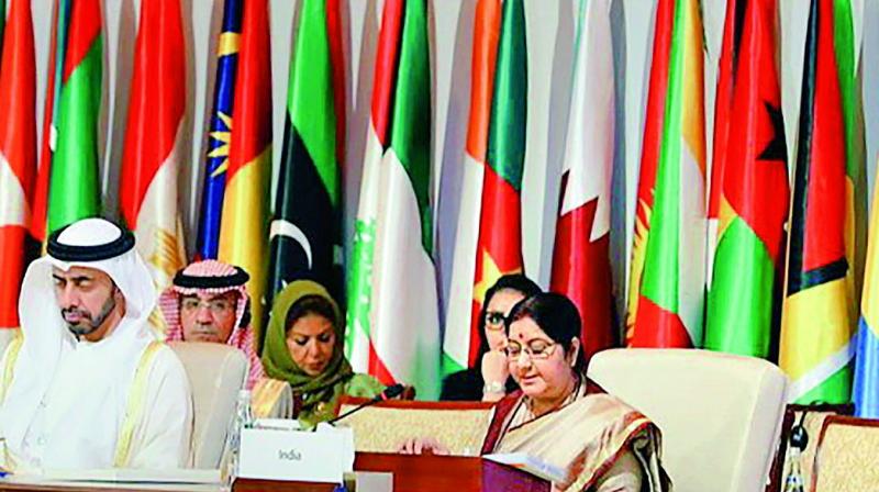External affairs minister Sushma Swaraj speaks at the 46th Foreign Ministers Meeting of Organisation of Islamic Cooperation in Abu Dhabi on Friday.  (Photo:PTI)