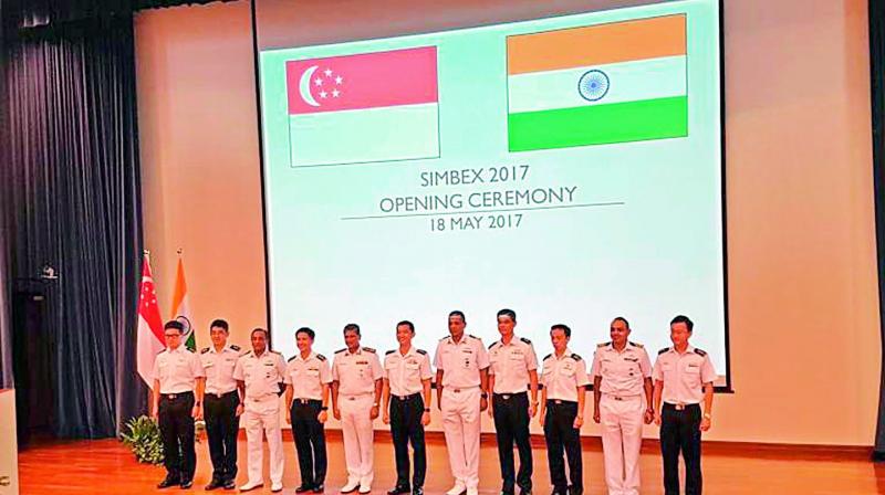 Officials of the Indian Navy and Republic of Singapore Navy at the inaugural ceremony of Bilateral Exercise, SIMBEX-17 at Singapore on Thursday. (Photo: DC)