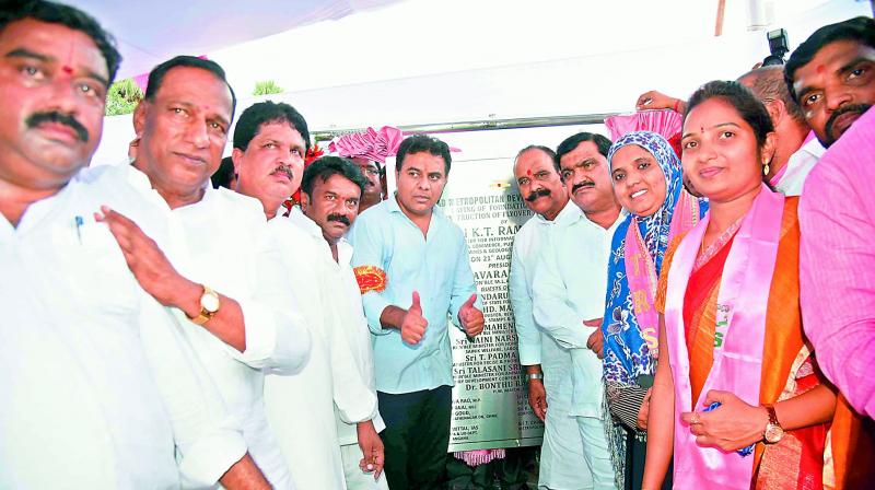 Minister K.T.Rama Rao Lay the foundation stone at Narsapur X road for the proposed flyover at Balanagar being taken up by HMDA. (Photo: DC)