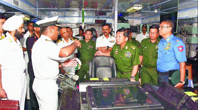 Senior General Min Aung Hlaing, Commander-in-Chief, Myanmar Armed Forces visits Indian Coast Guard Ship Samudra Pehredar during his visit to Visakhapatnam on Wednesday. (Photo: DC)