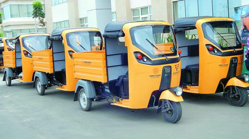 A file photograph of the e-rickshaws at the Secretariat in Velagapudi i n the capital region. (Photo: DC)