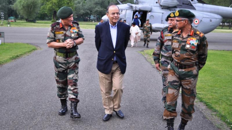 Defence Minister, Arun Jaitley, is received by Army Chief General Bipin Rawat and other senior officers at the headquarters of 15 Army Corps also known as Chinar Corps at Srinagars Badami Bagh Cantonment.