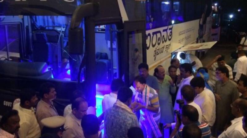 All the MLAs, who were staying at Bengalurus Eagleton Resort, arrived at Kempegowda International Airport in the wee hours of Monday. (Photo: ANI | Twitter)