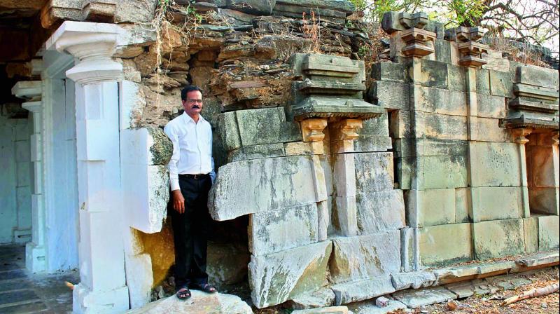Cultural centre of Vijayawada and Amaravati CEO E. Sivanagi Reddy at the 13th century Kakatiya temple in Prakasam district on Monday. (Photo: DC)
