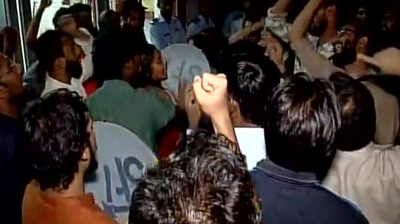 Students protest outside Vice Chancellor office. (Photo: Twitter/ANI)