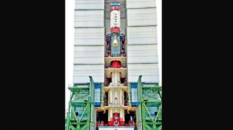 Second stage of PSLV-C38 rocket integrated at Satish Dhawan Space Centre in Sriharikota.