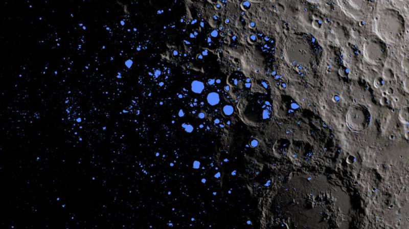 This is a map showing the permanently shadowed regions (blue) that cover about three percent of the moons south pole. (Photo:NASA)
