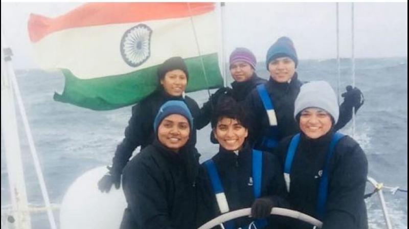 The six women officers had trained under Captain Dilip Donde, the first Indian to circumnavigate the globe solo in 2009-2010. (Photo: @IndianNavy)