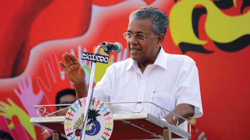 Chief minister Pinarayi Vijayan speaks at the harmony rally in Mangaluru on Saturday. 	(Photo: DC)