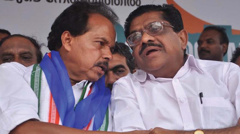 KPCC president V.M Sudheeran along with P.T Thomas MLA, who started a 24-hour hunger strike protesting against the abduction of young actor in Kochi on Saturday. (Photo: DC)