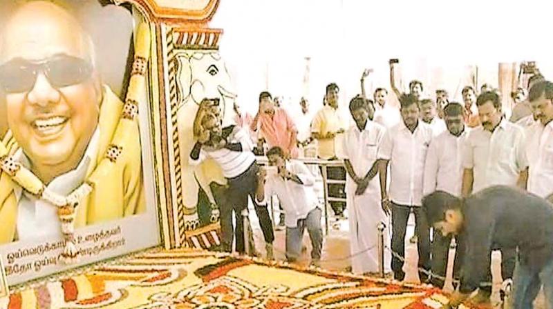 He visited the memorial of his grandfather M. Karunanidhi on the Marina along with filmmaker wife Kiruthiga in the morning and paid homage.