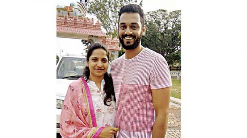 The victim of the IISc blast Manoj Kumar with his wife Anusha T., a software engineer in a private company in Bengaluru who were married 13 months ago