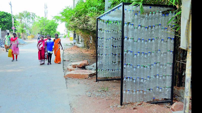 The bus shelter built by S. Jattaiah and T. Bhoomaiah using plastic drinking water bottles at Swaroopnagar colony, Uppal.