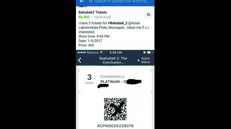 The crooks have created closed Facebook groups and WhatsApp groups to sell Baahubali tickets in the black. One such group is the Spread the Word Hyderabad Facebook group which is offering Baahubali tickets to its members at very high prices.