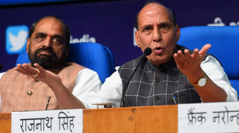 Union Home Minister Rajnath Singh addresses a press conference to announce the three years achievements of NDA, in New Delhi. (Photo: PTI)