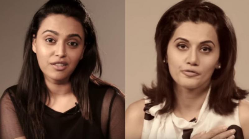 The Womens Day video, which has now gone viral, has both Swara and Taapsee talking about how much of their cleavage they should reveal. (Photo: Youtube)