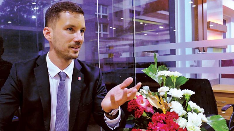 Slovakias State Secretary of the Ministry of Foreign and European Affairs Lukas Parizek during the inauguration of the new office of the Consulate of Slovakia Republic in Bengaluru on Wednesday.  (Photo: R. Samuel)