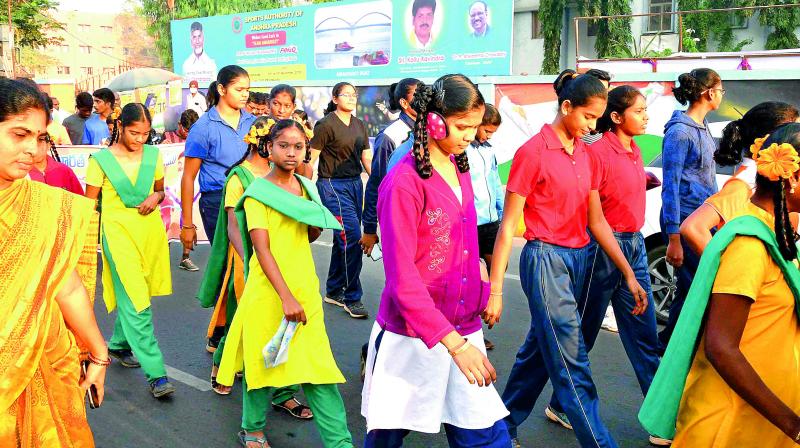 Sstudents take part in the 3K rally taken out in Vijayawada on the occasion of Constitutional Day on Monday.  (DC)