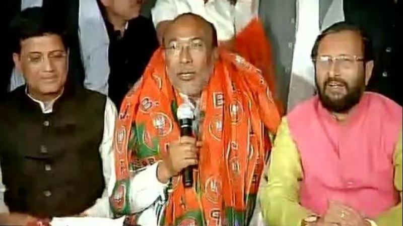 N Biren Singh (centre) was on Monday elected as the leader of BJP legislature party in Manipur.