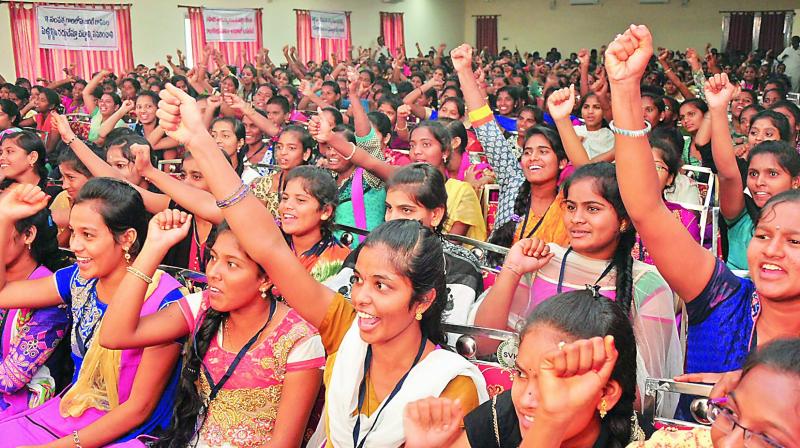 Hundreds of girls participating at the Freedom for Girls convention held at at Sundariah Vignan Kendram on Sunday.      (Photo:DC)