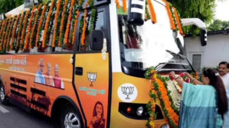 A special prayer of the rath, decked with garlands, was performed at the chief ministers residence in Jaipur on Friday evening before it left for Rajsamand. (Photo: Twitter | @VasundharaBJP)
