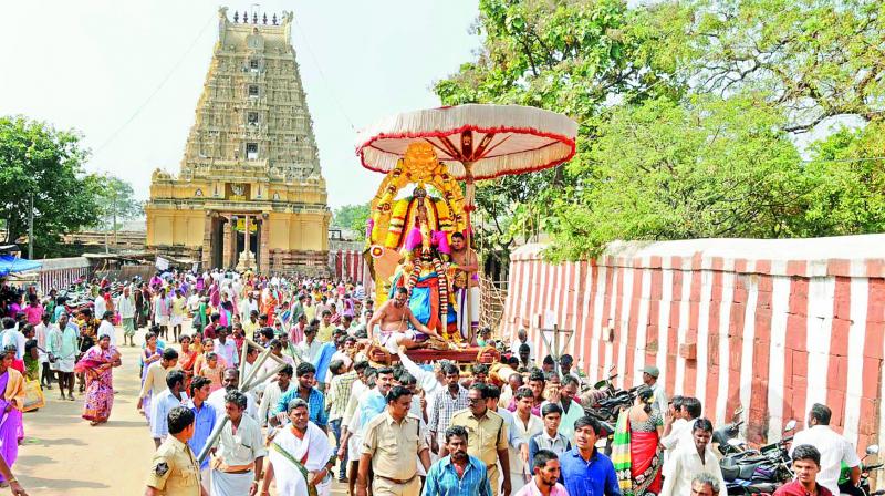 Lord Sri Narasimha Swamy being taken out in a procession at Ahobilam in Kurnool on Sunday to mark Vaikunta Ekadasi.	(Photo: DECCAN CHRONICLE)