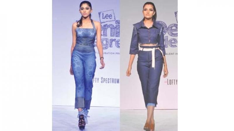 The model is seen sporting a dual tone denim top and pant. (right) A crop denim top with a denim pant is perfect for a casual day