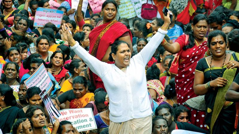 Members of the trans community protest outside the Chennai Press Club in Chepauk against the discriminatory nature of the Transgender Persons (Protection of Rights) Bill, 2016. (Photo: DC)