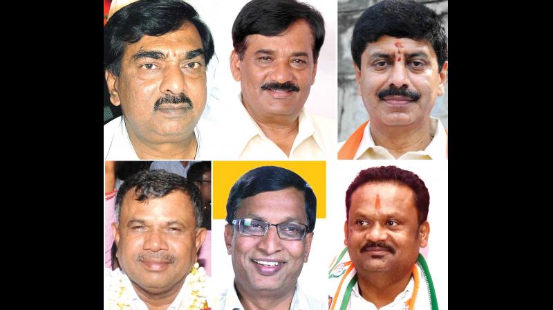 From left, Council election winners, Ayanur Manjunath (BJP), A Devegowda (BJP), YA Narayanaswamy (BJP), Maritibbegowda (JDS), SL Bojegowda (JDS),  Chandrashekara Patil (Congress). (Photo:KPN)