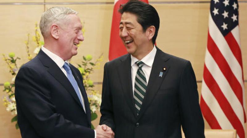 US Defense Secretary Jim Mattis and Japanese Prime Minister Shinzo Abe shake hands at the prime ministers office in Tokyo. (Photo: AP)