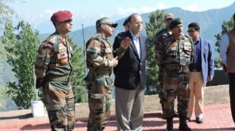 Jaitley was briefed on the prevailing situation in Jammu and Kashmir at Badami Bagh Cantonment. (Photo: ANI Twitter)