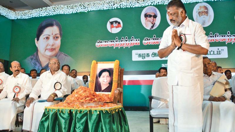 Late AIADMK chief J. Jayalalithaas chair is placed on the dais with her potrait adorned with garlands at the general council meet in Vanagaram. (Photo: DC)