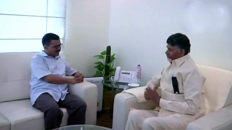 Andhra Pradesh Chief Minister and Telugu Desam Party (TDP) supremo Chandrababu Naidu met his Delhi counterpart Arvind Kejriwal on Wednesday at the Andhra Bhawan. (Photo: ANI | Twitter)